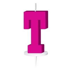 Roze letterkaarsje met houder T - Taartkaarsen