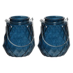 2x stuks theelichthouders/waxinelichthouders ruitjes glas donkerblauw met metalen handvat 11 x 13 cm - Waxinelichtjeshou
